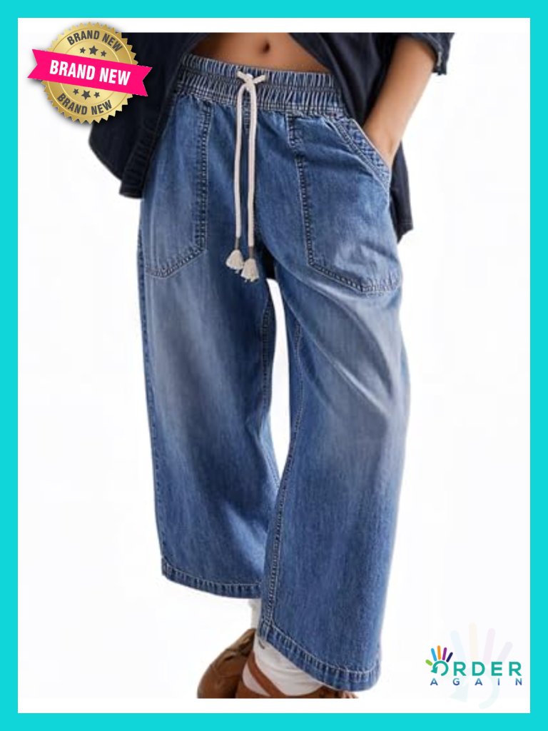 Mid Rise Wide Leg Drawstring Ankle Baggy Boyfriend Denim Jeans Pockets